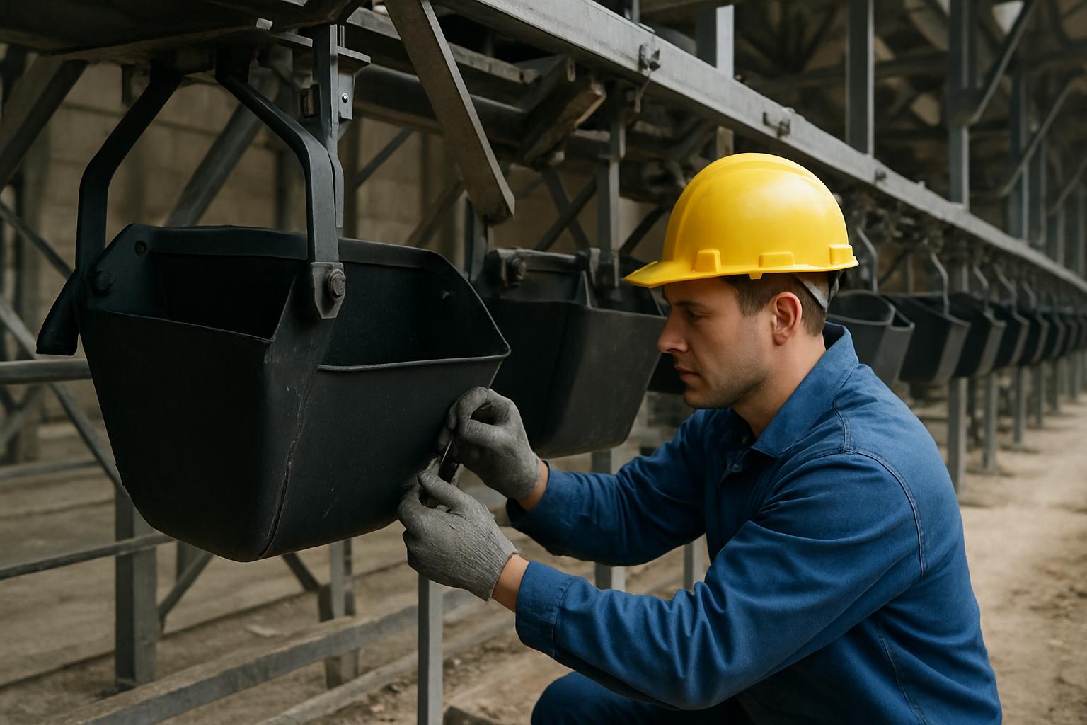 монтируются ковши норийные в строительном конвейере монтируются ковши норийные в строительном конвейерефото